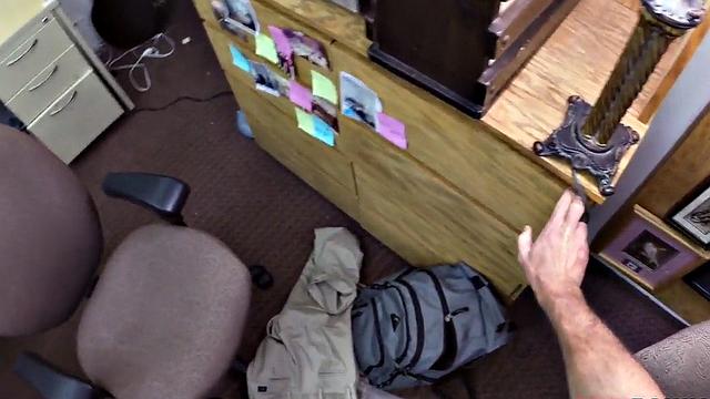 Busty teen pawner sucking manager before bent over desk