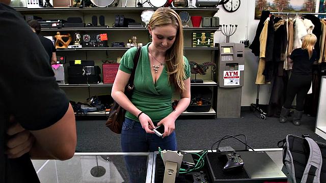 Busty teen pawner sucking manager before bent over desk