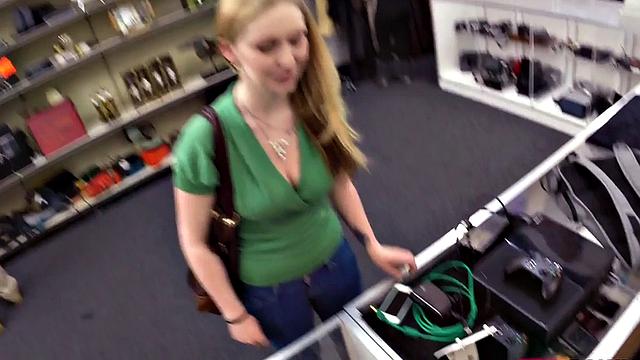 Busty teen pawner sucking manager before bent over desk