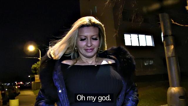 Big Boobs in thong gets a deepthroat & cumshot in park, POV style!