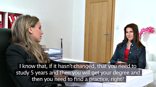 Office lesbians in high heels enjoy fingering, licking, and kissing in steamy casting session