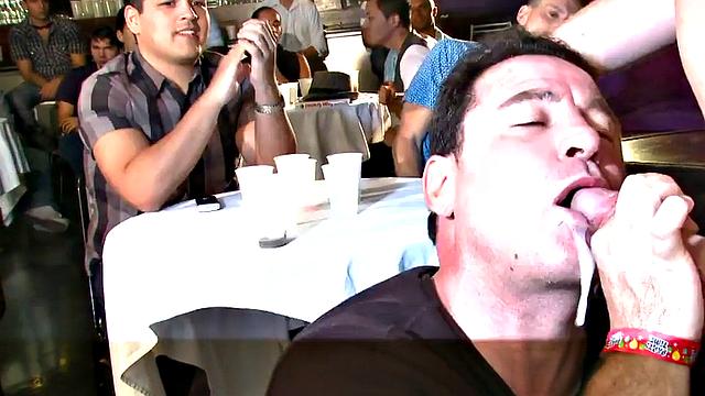 Public DILF sucks cock in strip club in front of viewers