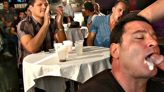 Public DILF sucks cock in strip club in front of viewers