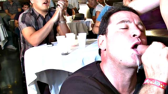 Public DILF sucks cock in strip club in front of viewers