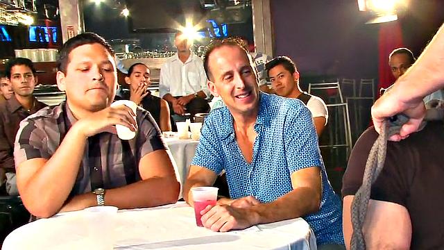 Public DILF sucks cock in strip club in front of viewers