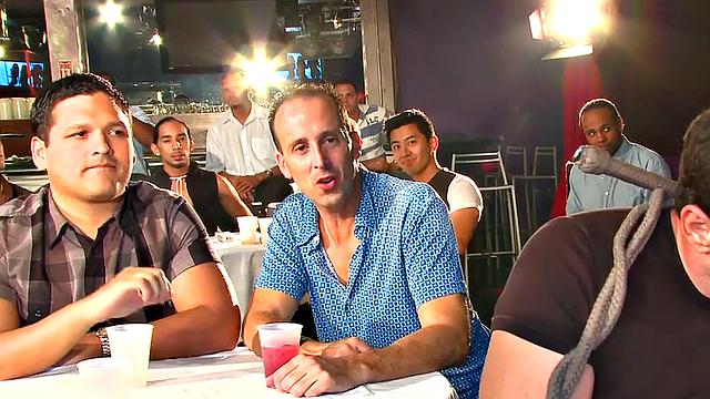 Public DILF sucks cock in strip club in front of viewers