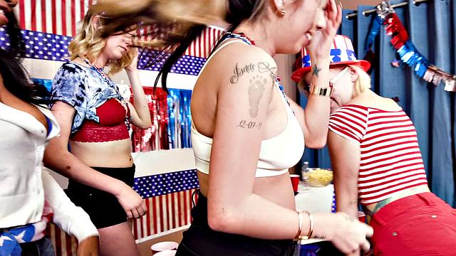 Get ready for a wild ride as these small-titted brunettes get fucked in reverse cowgirl & interracial party