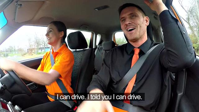 Hot Eurobabe enjoys riding instructor's hard cock in car and gets a cumshot