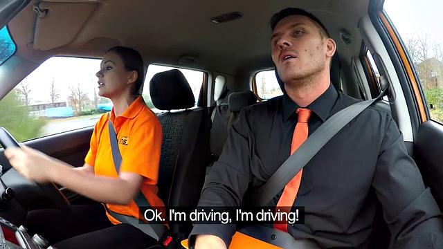 Hot Eurobabe enjoys riding instructor's hard cock in car and gets a cumshot