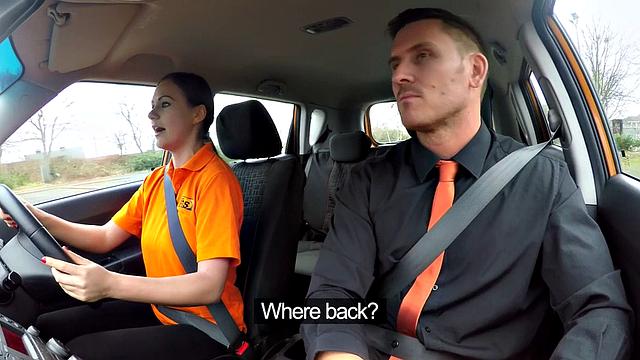 Hot Eurobabe enjoys riding instructor's hard cock in car and gets a cumshot