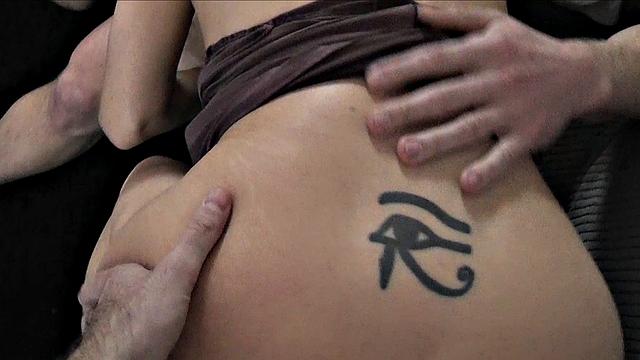 Inked UK slut and friend slammed hard by two huge cocks