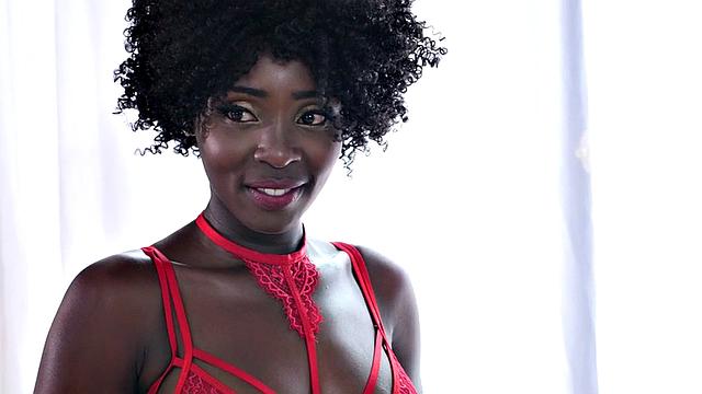 Ebony model in lingerie pounded by photographer