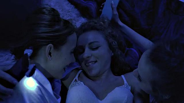 Skinny lesbians playing with dildo