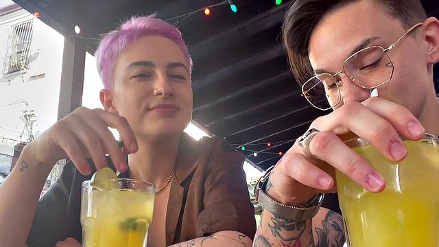 Inked amateur queer fingers and licks pussy at home