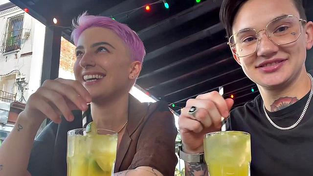 Inked amateur queer fingers and licks pussy at home