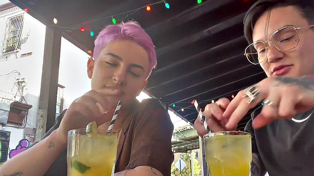 Inked amateur queer fingers and licks pussy at home