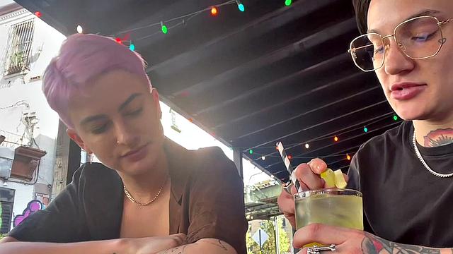 Inked amateur queer fingers and licks pussy at home