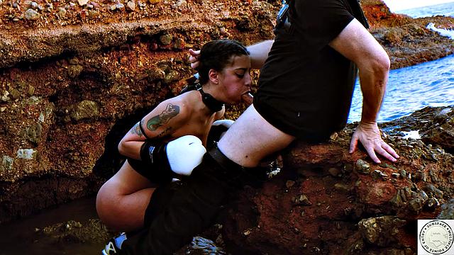 Sloppy BJ and rough ass fucking by the sea splashing