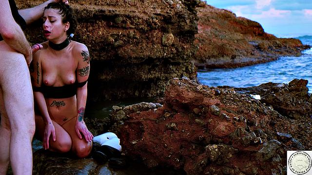 Sloppy BJ and rough ass fucking by the sea splashing