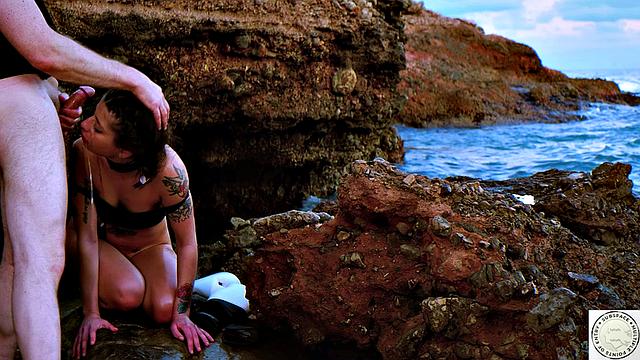 Sloppy BJ and rough ass fucking by the sea splashing