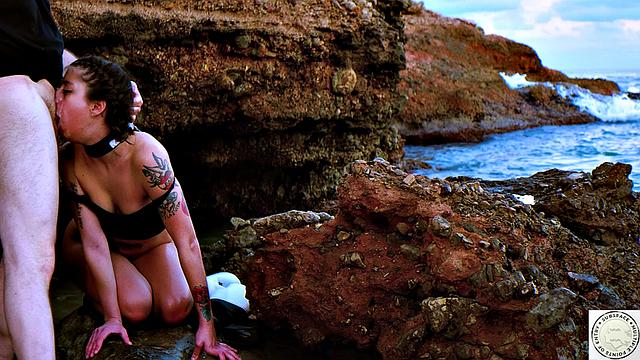 Sloppy BJ and rough ass fucking by the sea splashing