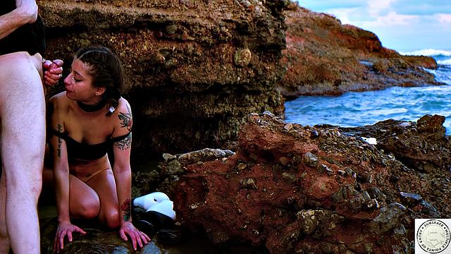 Sloppy BJ and rough ass fucking by the sea splashing