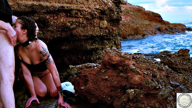 Sloppy BJ and rough ass fucking by the sea splashing