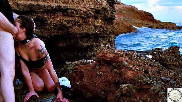 Sloppy BJ and rough ass fucking by the sea splashing