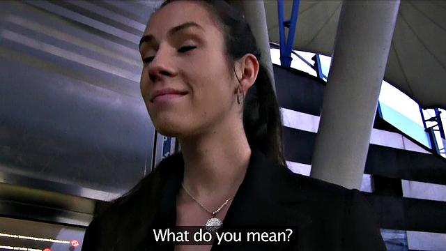 Brunette's mouth filled with cum after a steamy photoshoot with big tits and sexy earrings