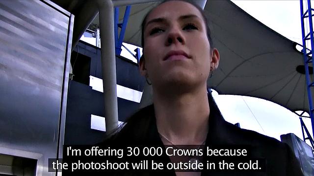 Brunette's mouth filled with cum after a steamy photoshoot with big tits and sexy earrings