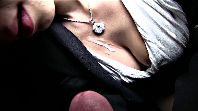 Brunette's mouth filled with cum after a steamy photoshoot with big tits and sexy earrings