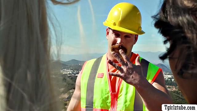 Construction worker drills two horny TS