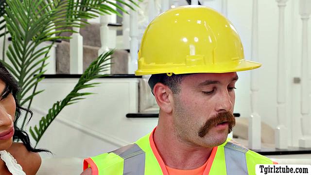 Construction worker drills two horny TS
