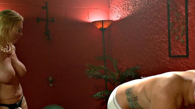 Kinky blonde MILF dominates hubby with strapon in wild threesome with 2 guys