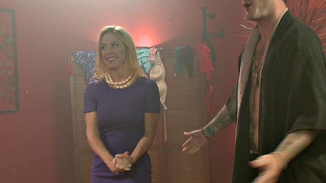 Kinky blonde MILF dominates hubby with strapon in wild threesome with 2 guys