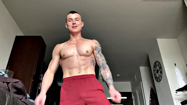 Ripped jock masturbates and plays with big dildo solo