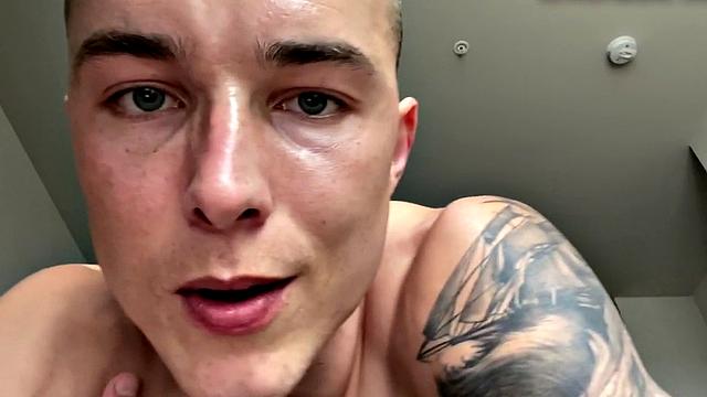 Ripped jock masturbates and plays with big dildo solo