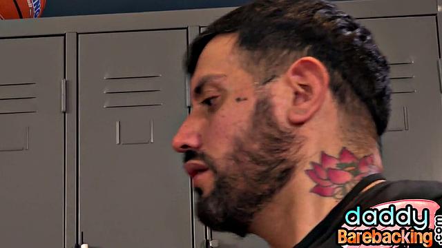 Latin twink fucked in locker room 3some by DILFS