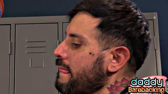 Latin twink fucked in locker room 3some by DILFS