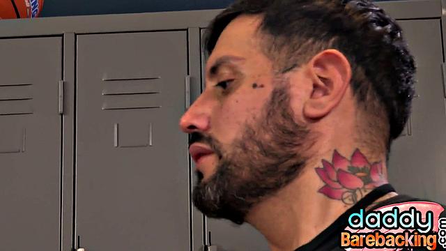 Latin twink fucked in locker room 3some by DILFS