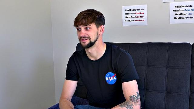 Bigcock inked jock jerks on casting and cums