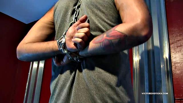 Bubbie Kakes likes it rough and Victor Cody knows how to deliver. Once bound to the ceiling, Victor takes advantage of Bubbie Kakes by pulling, slapping, and hitting his balls.