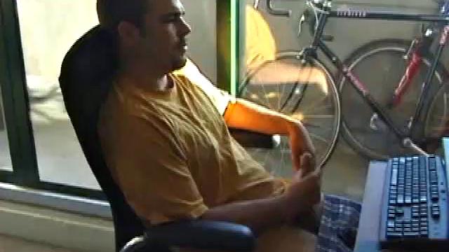 Young Tony returns for another solo session and after pulling off his pants he strokes up a stiff one, while watching some on his computer. After jacking off with determination, Tony strokes out another messy cum shot