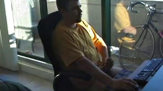 Young Tony returns for another solo session and after pulling off his pants he strokes up a stiff one, while watching some on his computer. After jacking off with determination, Tony strokes out another messy cum shot