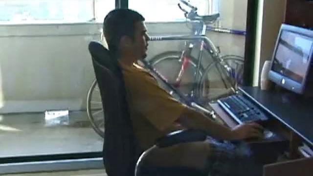 Young Tony returns for another solo session and after pulling off his pants he strokes up a stiff one, while watching some on his computer. After jacking off with determination, Tony strokes out another messy cum shot