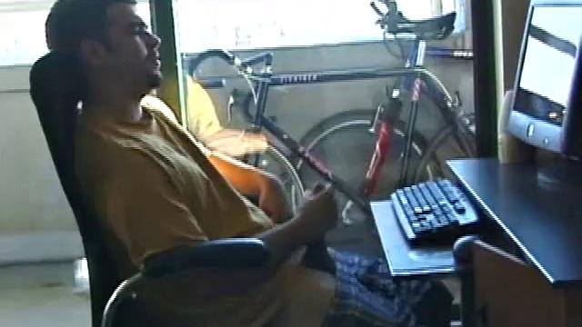 Young Tony returns for another solo session and after pulling off his pants he strokes up a stiff one, while watching some on his computer. After jacking off with determination, Tony strokes out another messy cum shot