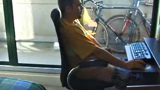 Young Tony returns for another solo session and after pulling off his pants he strokes up a stiff one, while watching some on his computer. After jacking off with determination, Tony strokes out another messy cum shot