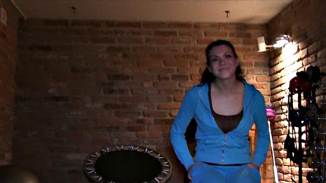 Sexy Brunette Wife in Fitness Trainer's Office Fucks Him Hard and Swallows His Cum