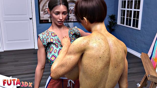 фута-богиня с кистью и двумя членами-артистка нашла вдохновение