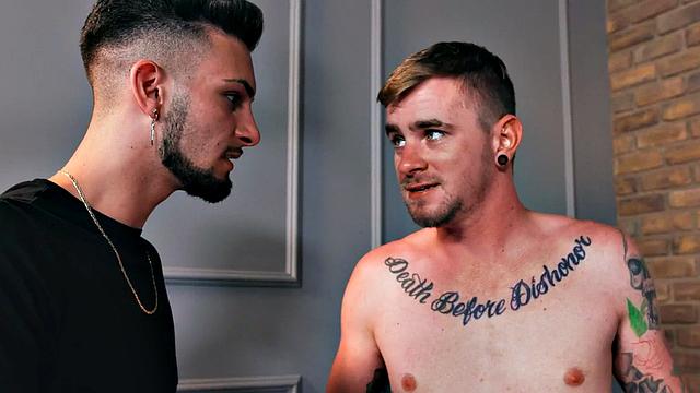 Skinny stud assfucked and mouthjizzed by inked person